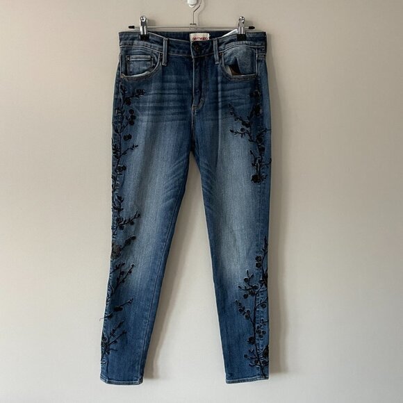 DRIFTWOOD Jackie Skinny Embroidered Denim Jeans Mid-Rise Dark Wash Blue 27 - Picture 2 of 9
